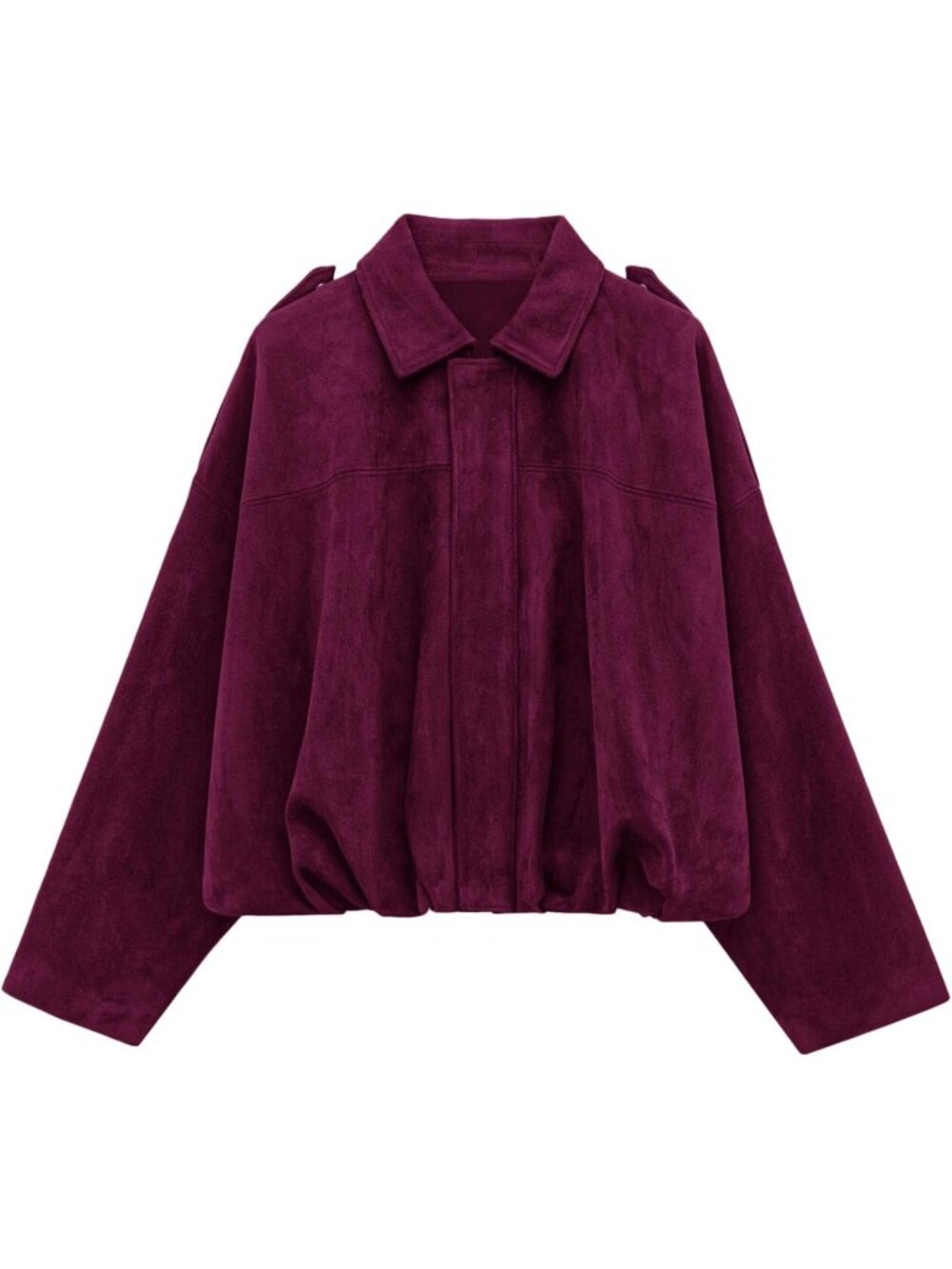 Women's Burgundy Faux Suede Cropped Bomber Jacket Long Sleeve ZIP Up Coat